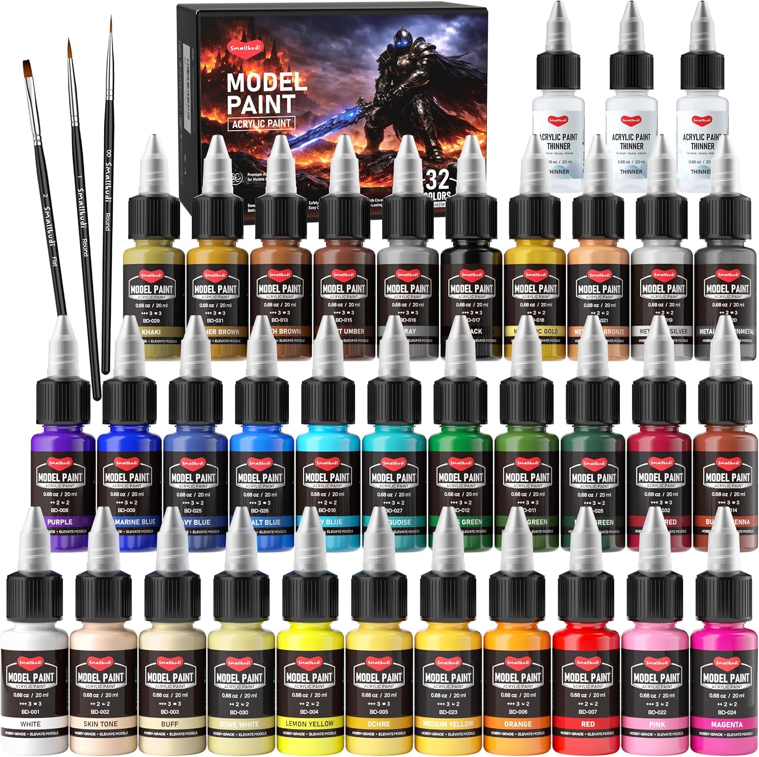Smallbudi 20 Colors Model Paint Set (20ml/0.6oz), Modeling Acrylic Paint Set with 3 Brushes and 1 Thinner for - view 11