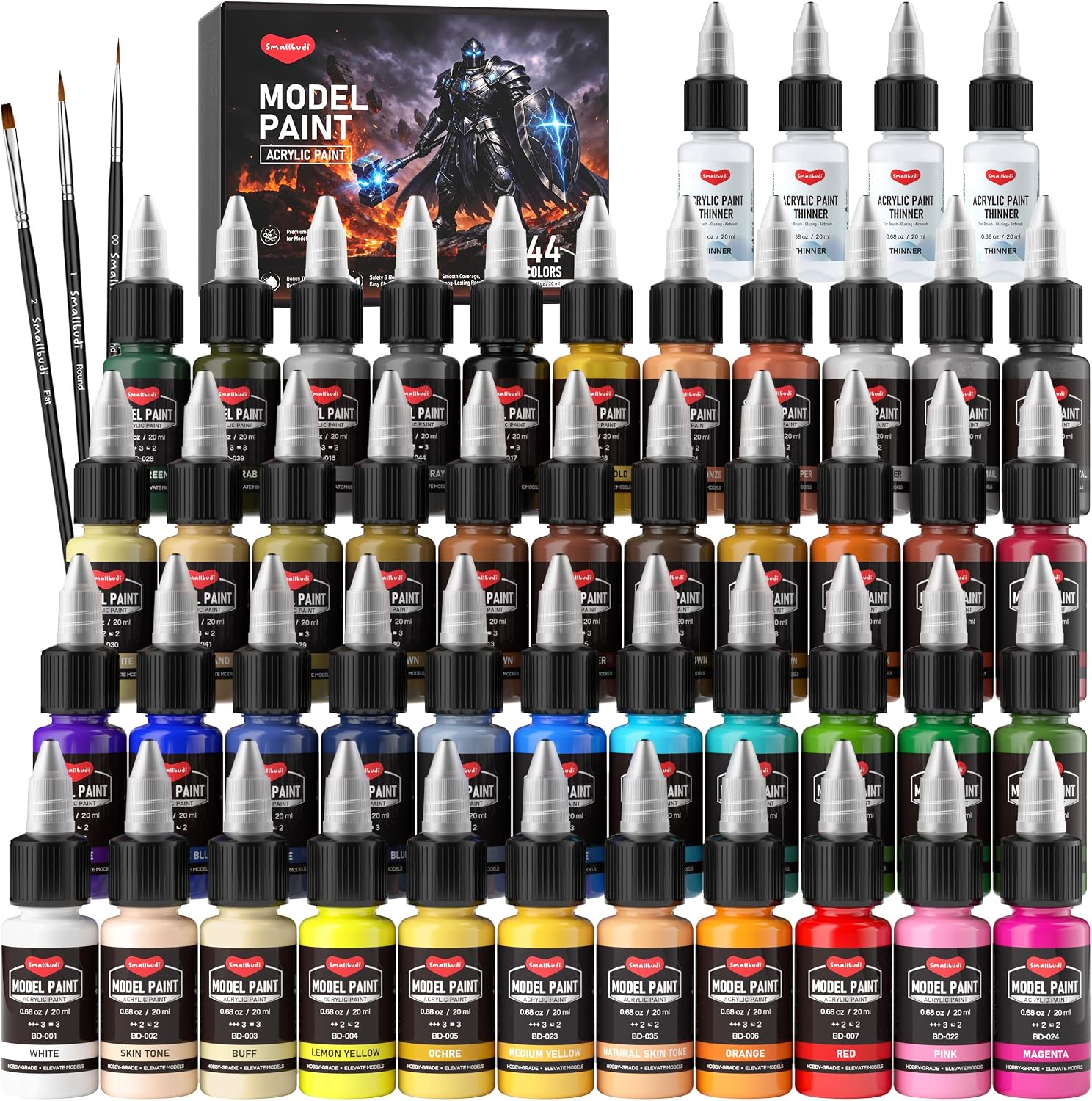 Smallbudi 20 Colors Model Paint Set (20ml/0.6oz), Modeling Acrylic Paint Set with 3 Brushes and 1 Thinner for - view 12