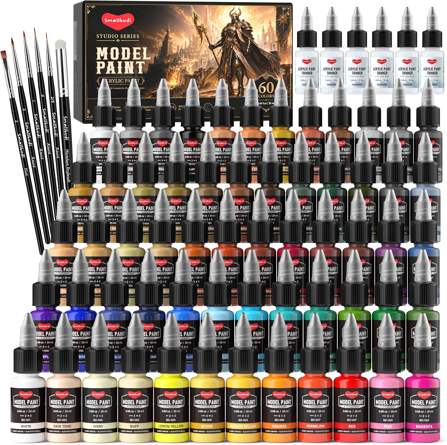 Smallbudi 20 Colors Model Paint Set (20ml/0.6oz), Modeling Acrylic Paint Set with 3 Brushes and 1 Thinner for - view 10