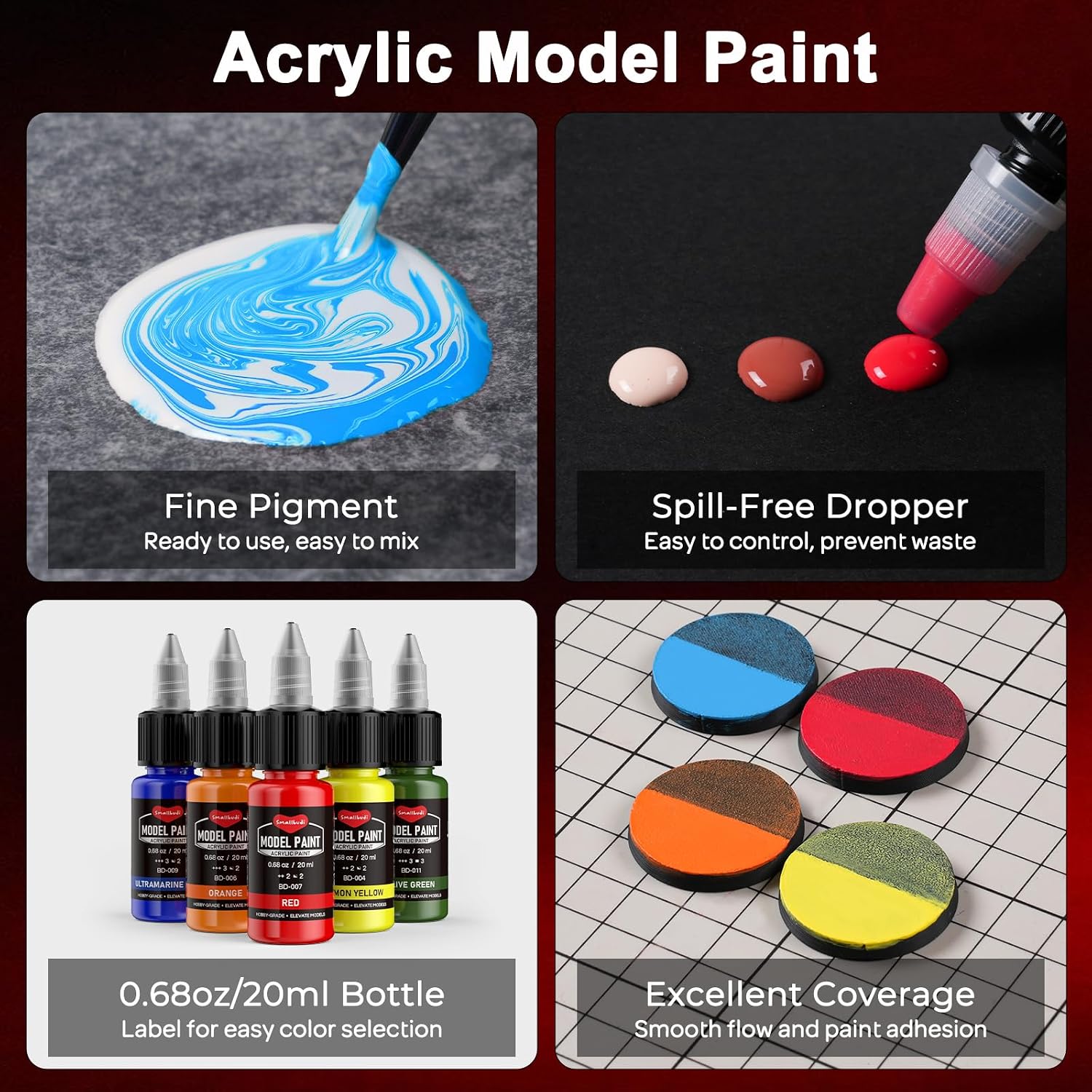 Smallbudi 20 Colors Model Paint Set (20ml/0.6oz), Modeling Acrylic Paint Set with 3 Brushes and 1 Thinner for - view 6
